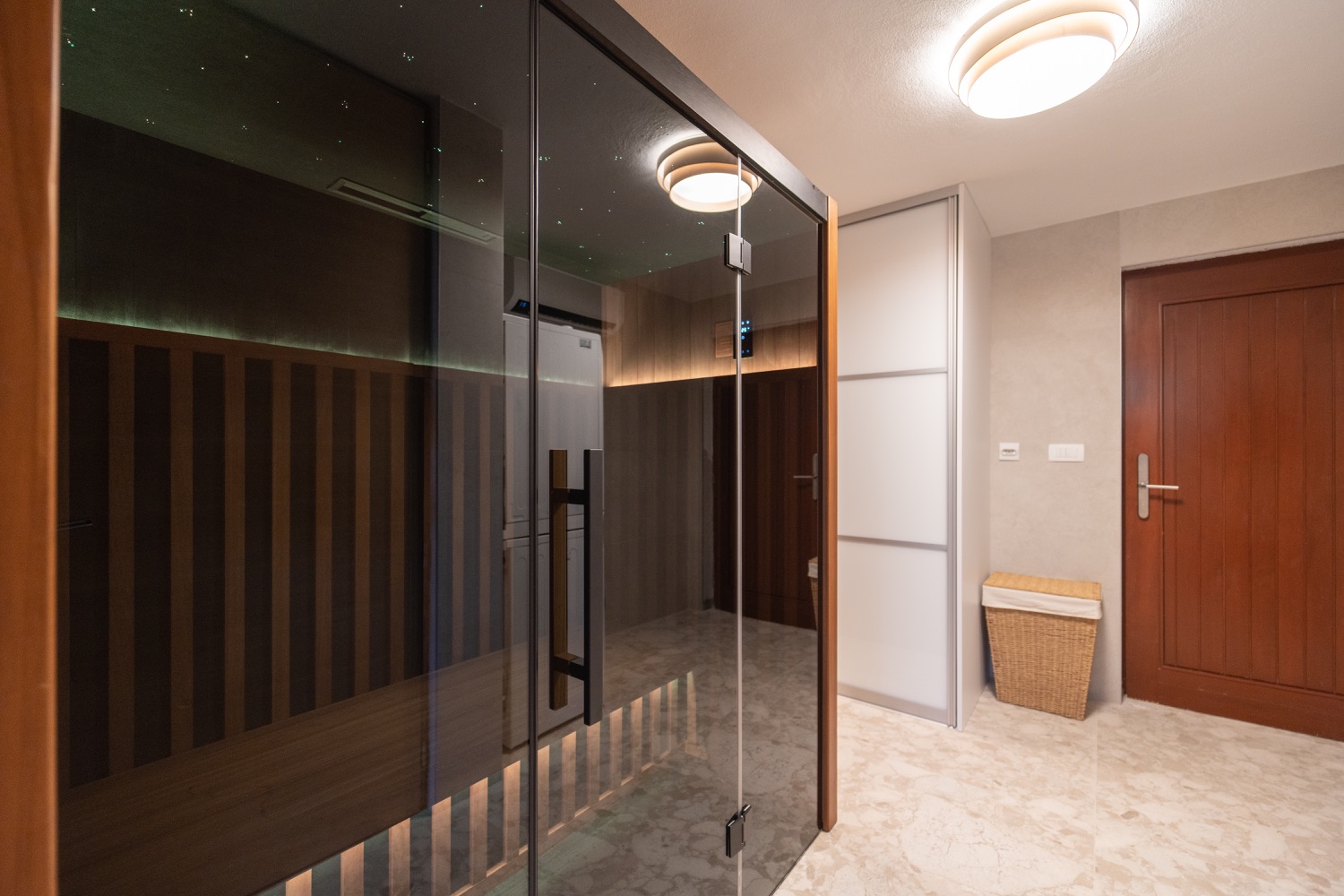 Private glass-fronted sauna at Villa Lostura